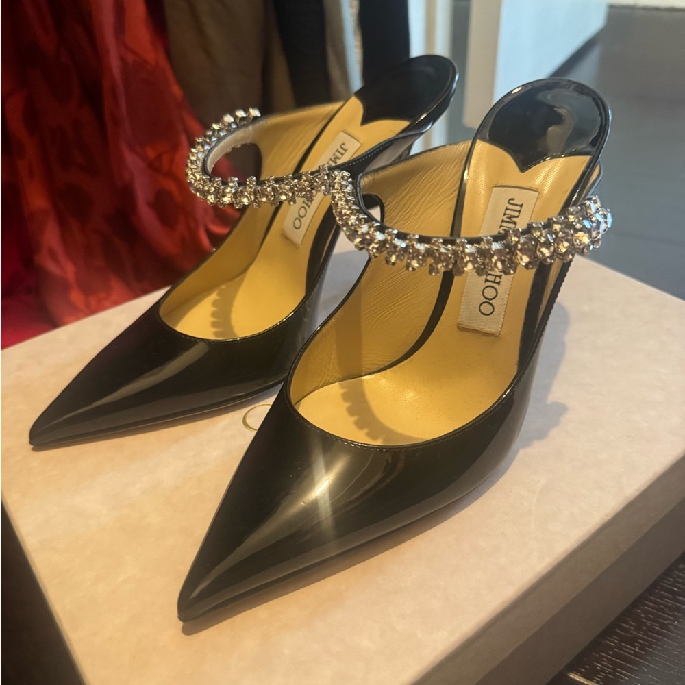 Jimmy Choo Glossy Black Heels with Dazzling Strap